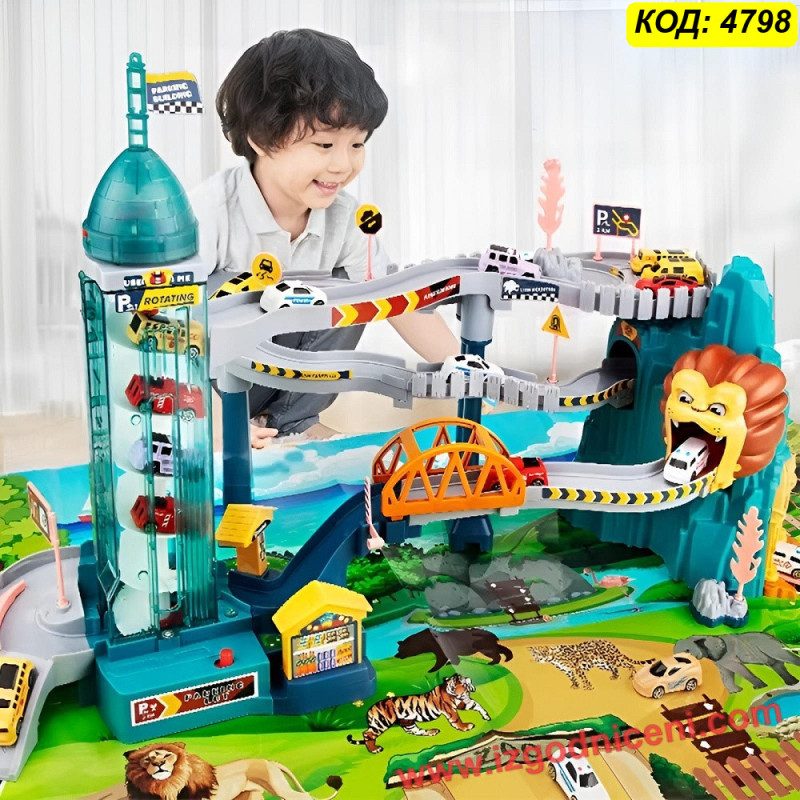 XXL Многоетажен Паркинг Кула с Електрически Асансьор, Писта и Лъв Сафари Тема