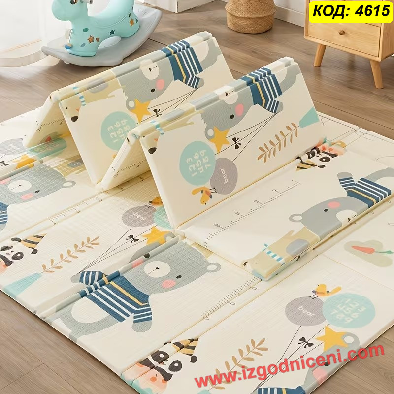 Двулицево меко килимче за игра XPE Мече с балони + Панди, 200x180x1 см