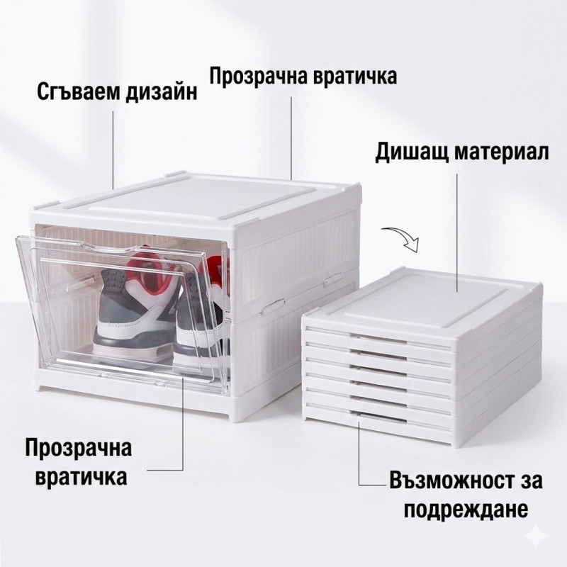 Единична сгъваема кутия за обувки с твърди стени, пластмасова