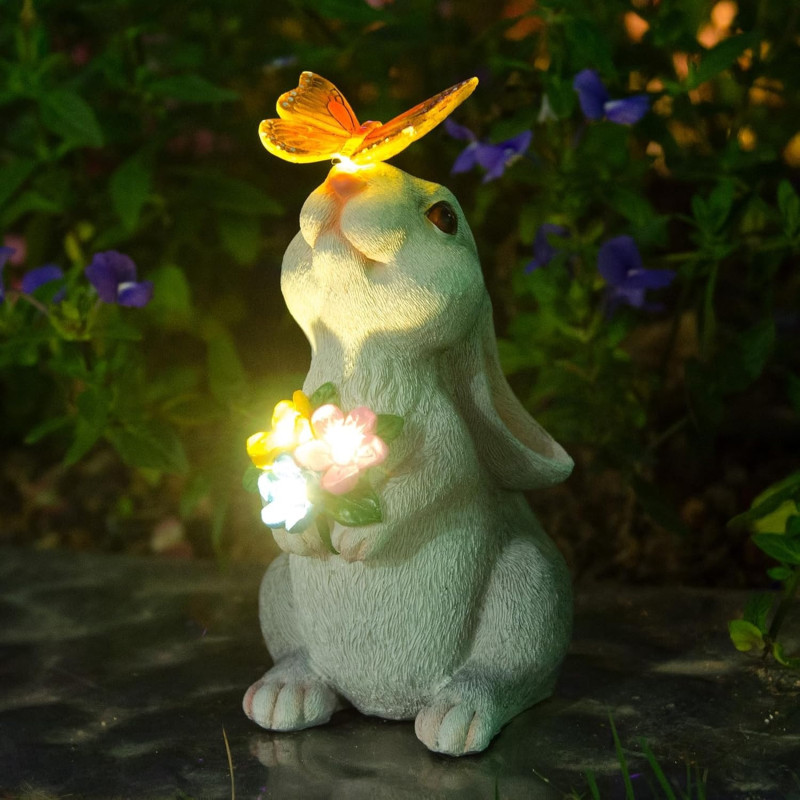 Соларна градинска фигура Заек с LED осветление и цветя