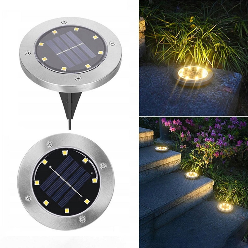 Соларна LED лампа за земя Disk Lights - 8 LED, топла жълта светлина, инокс