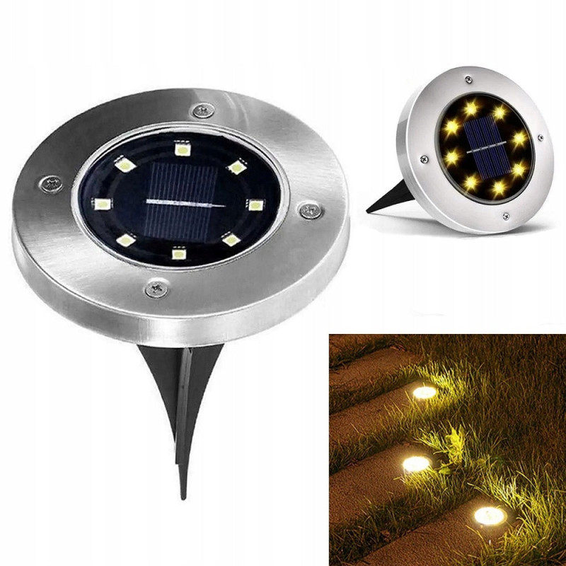Соларна LED лампа за земя Disk Lights - 8 LED, топла жълта светлина, инокс