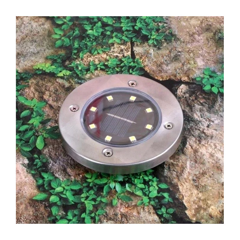 Соларна LED лампа за земя Disk Lights - 8 LED, топла жълта светлина, инокс