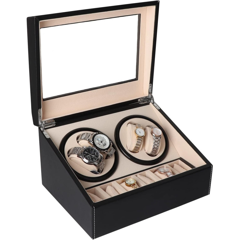 Автоматична кутия за часовници Watch Winder за 4+6 часовника, ЕКО КОЖА, ЧЕРНО+БЕЖОВО