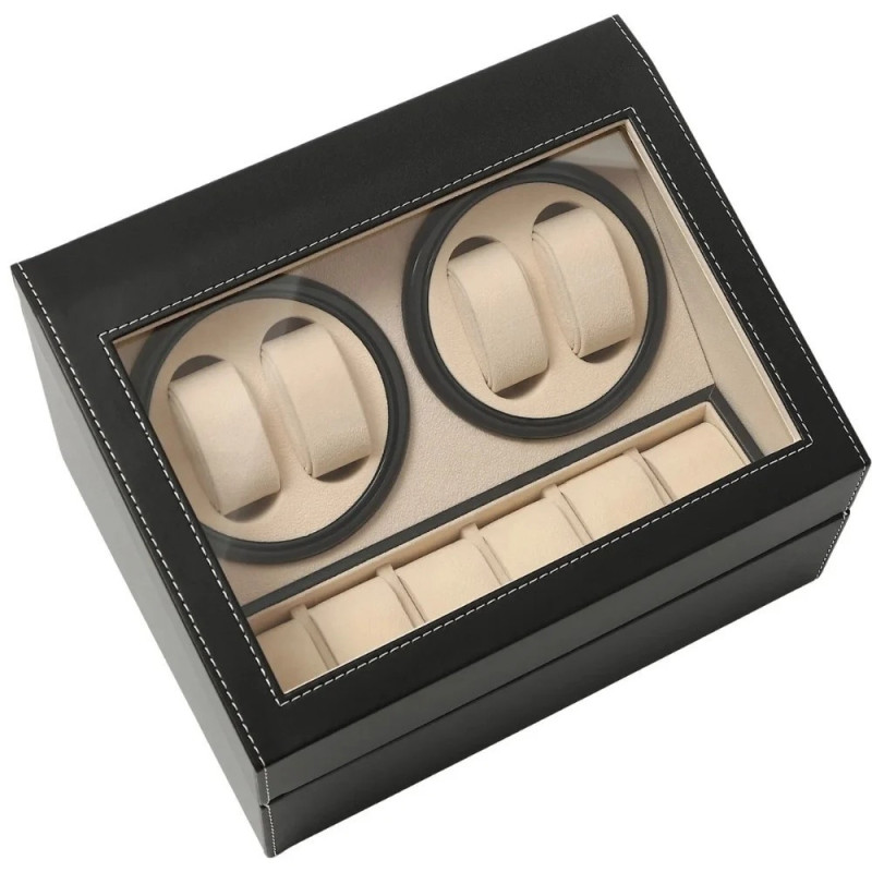 Автоматична кутия за часовници Watch Winder за 4+6 часовника, ЕКО КОЖА, ЧЕРНО+БЕЖОВО