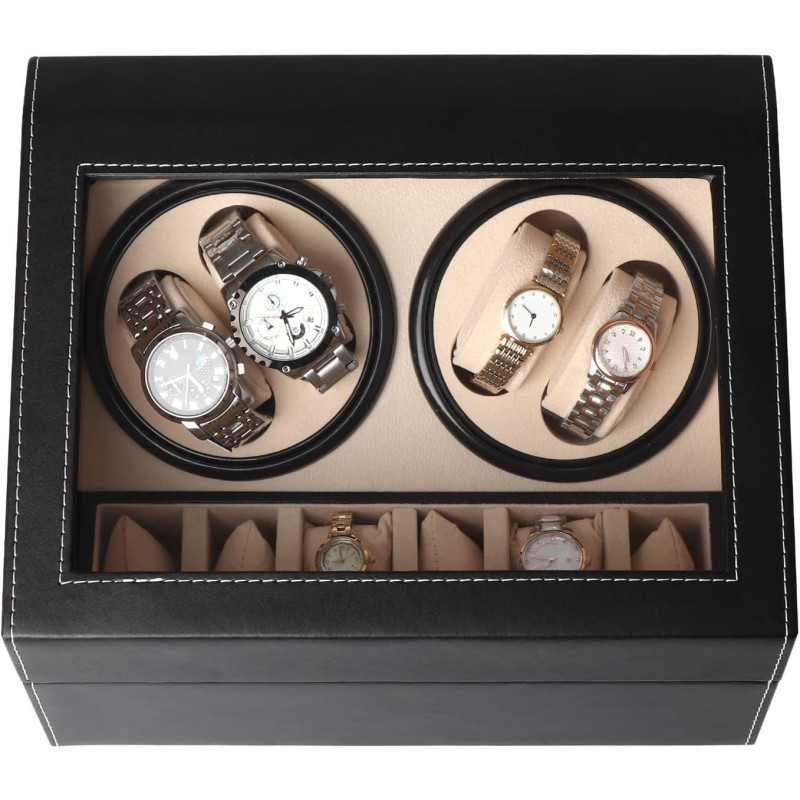 Автоматична кутия за часовници Watch Winder за 4+6 часовника, ЕКО КОЖА, ЧЕРНО+БЕЖОВО