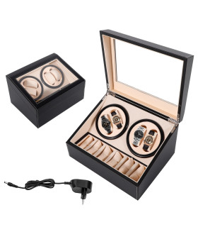 Автоматична кутия за часовници Watch Winder за 4+6 часовника, ЕКО КОЖА, ЧЕРНО+БЕЖОВО