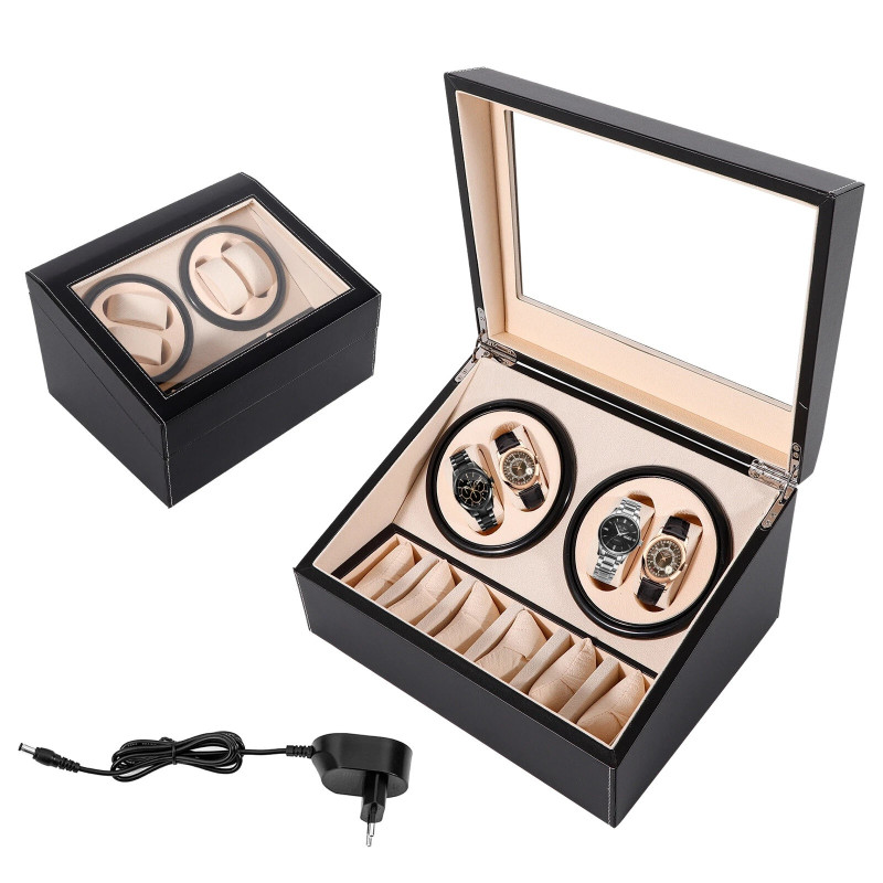 Автоматична кутия за часовници Watch Winder за 4+6 часовника, ЕКО КОЖА, ЧЕРНО+БЕЖОВО