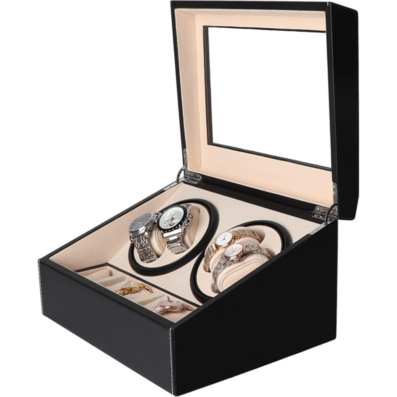 Автоматична кутия за часовници Watch Winder за 4+6 часовника, ЕКО КОЖА, ЧЕРНО+БЕЖОВО