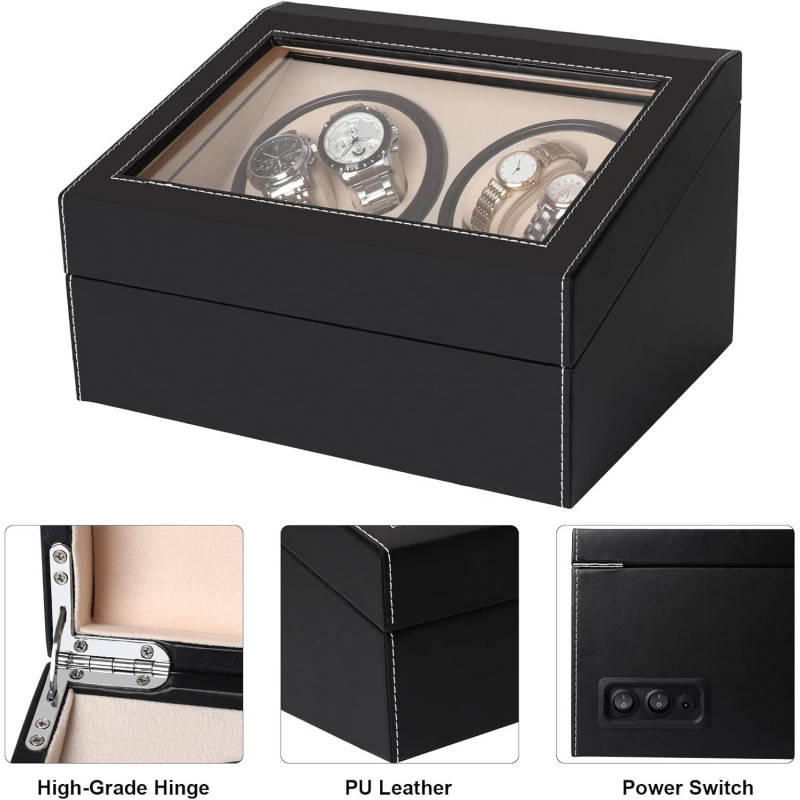 Автоматична кутия за часовници Watch Winder за 4+6 часовника, ЕКО КОЖА, ЧЕРНО+БЕЖОВО