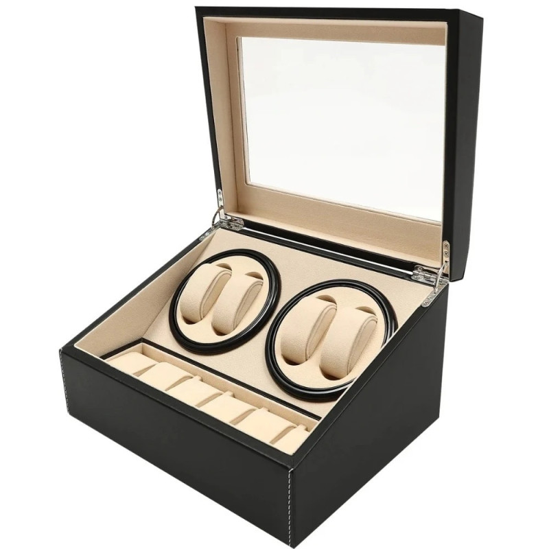 Автоматична кутия за часовници Watch Winder за 4+6 часовника, ЕКО КОЖА, ЧЕРНО+БЕЖОВО