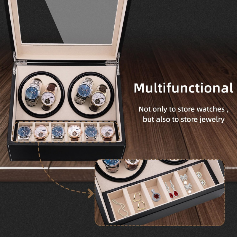 Автоматична кутия за часовници Watch Winder за 4+6 часовника, ЕКО КОЖА, ЧЕРНО+БЕЖОВО