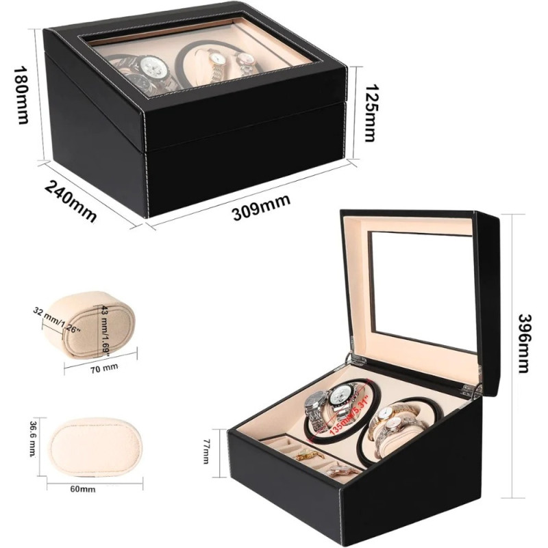 Автоматична кутия за часовници Watch Winder за 4+6 часовника, ЕКО КОЖА, ЧЕРНО+БЕЖОВО