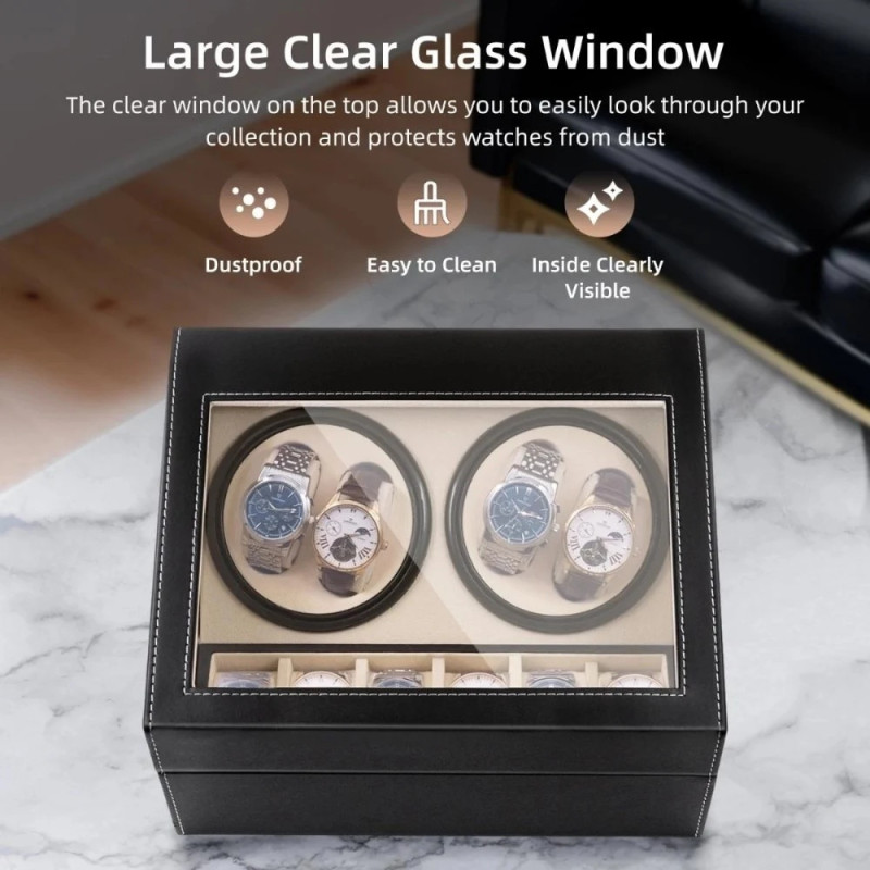 Автоматична кутия за часовници Watch Winder за 4+6 часовника, ЕКО КОЖА, ЧЕРНО+БЕЖОВО