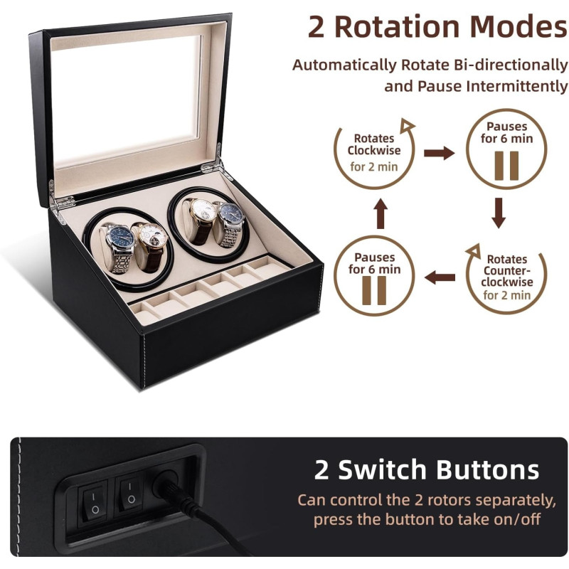 Автоматична кутия за часовници Watch Winder за 4+6 часовника, ЕКО КОЖА, ЧЕРНО+БЕЖОВО
