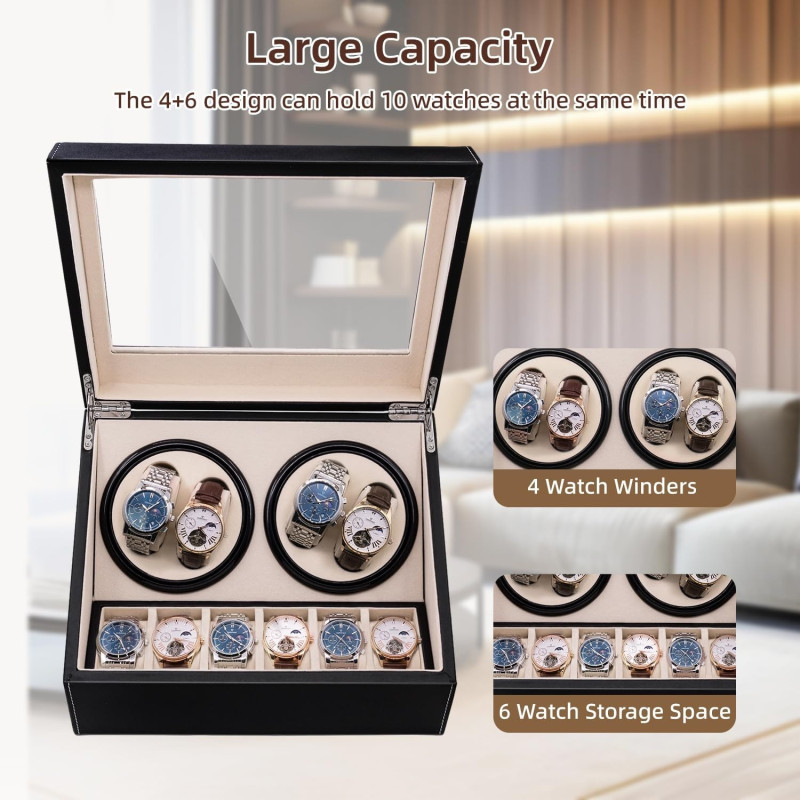 Автоматична кутия за часовници Watch Winder за 4+6 часовника, ЕКО КОЖА, ЧЕРНО+БЕЖОВО