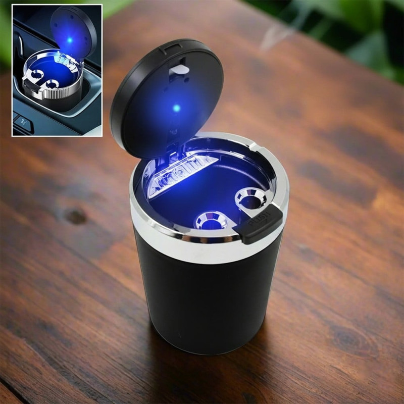 Луксозен пепелник за кола с LED бутон и Push бутон за отваряне, Черен