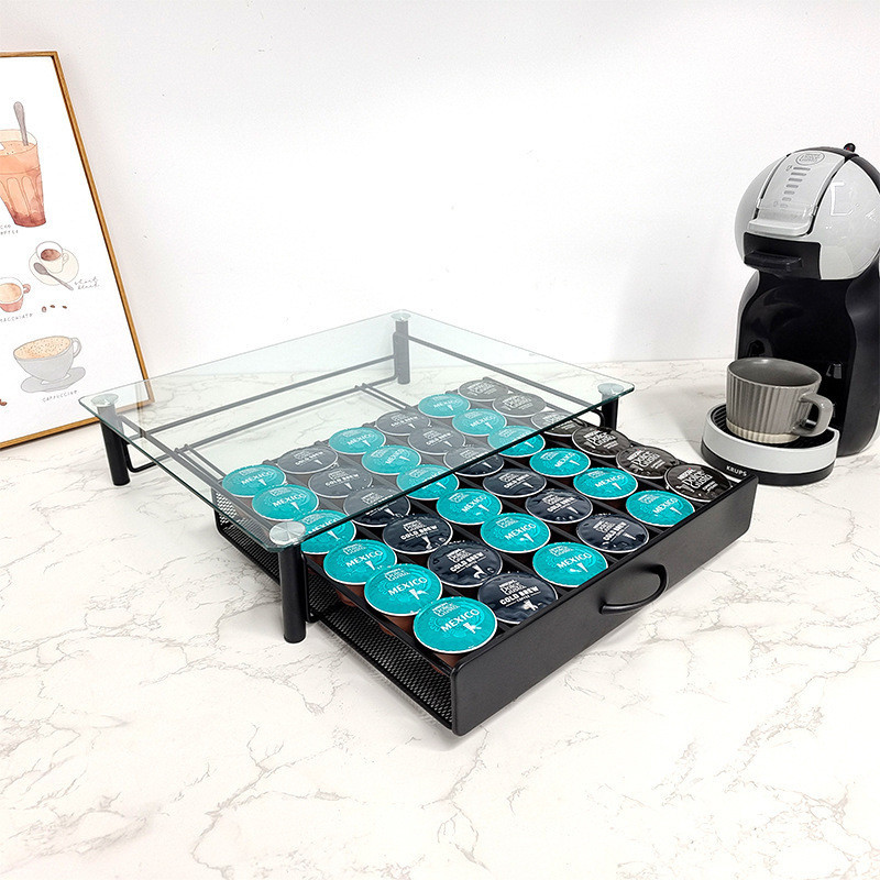 Поставка за кафемашина със стъклен плот и чекмедже за 36 капсули Dolce Gusto, черна