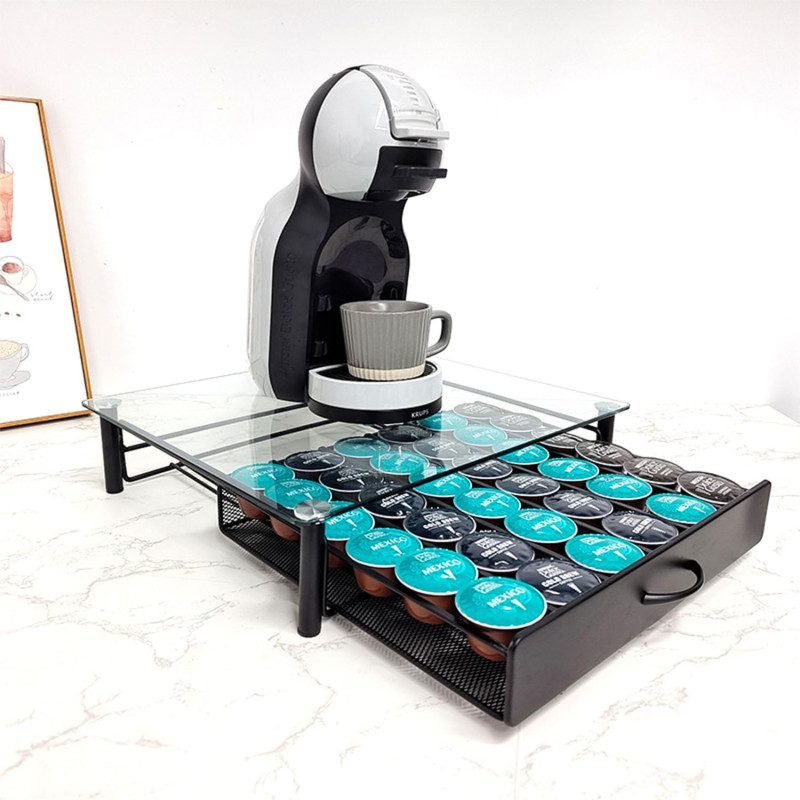 Поставка за кафемашина със стъклен плот и чекмедже за 36 капсули Dolce Gusto, черна