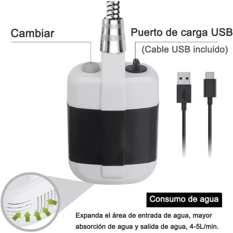 Преносим къмпинг душ с акумулаторна помпа, USB зареждане и дебит 4–5 л/мин